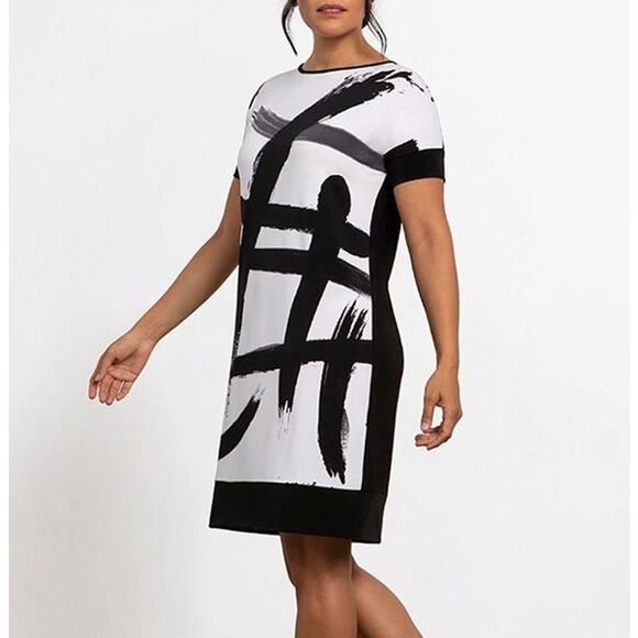 Sympli Women's Chic Short Dress Size 14 Black White NWT Brush Stroke - Picture 3 of 4